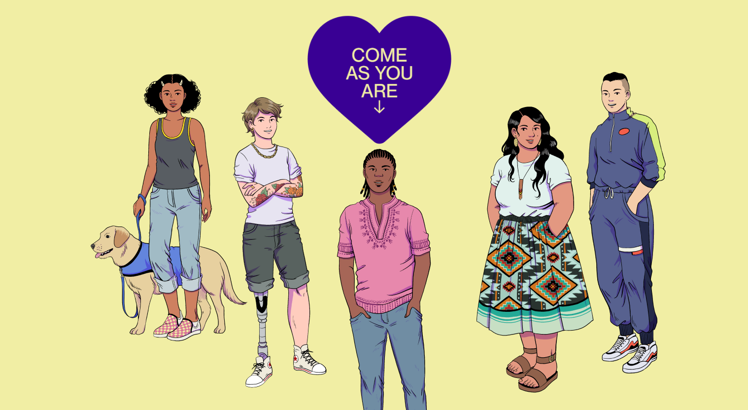 Illustration of five diverse youth dressed in Gen Z fashion with a heart above them saying, 