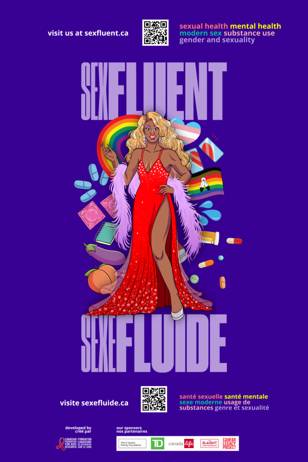 A bright colourful poster with a drag queen in a red gown with the big word, &quot;Sexfluent&quot; written across the back.