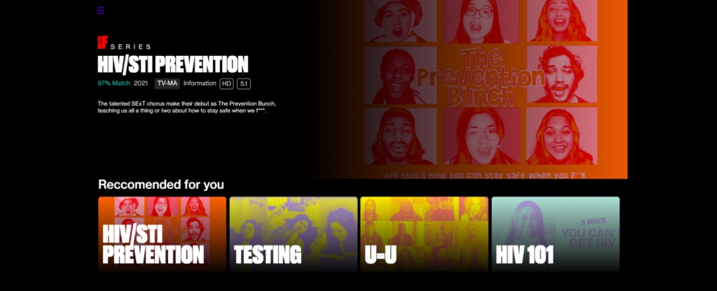Image of a mock Netflix home page with four videos 'Recommended for you' - HIV/STI Prevention, Testing, U = U, and HIV 101
