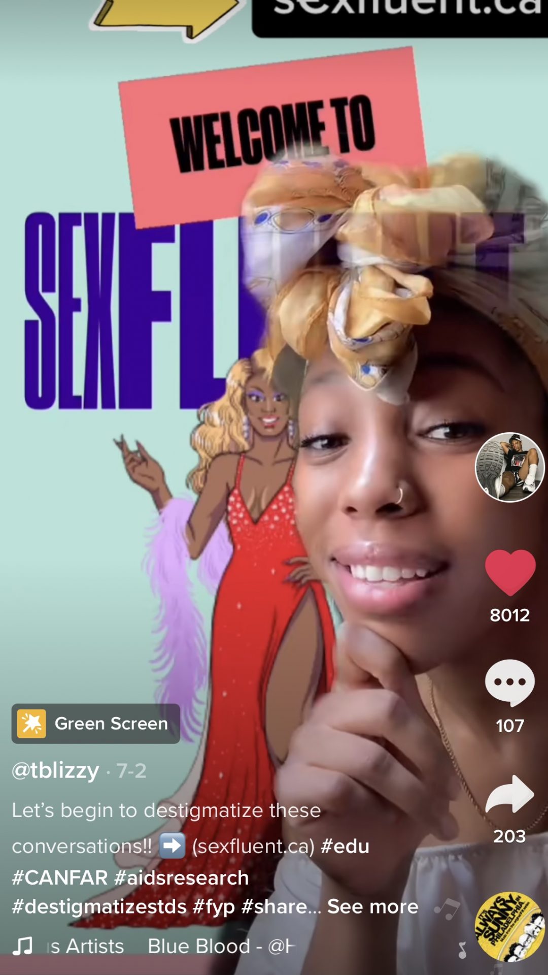 Screenshot image of a female TikTok influencer wearing a head wrap looking at the camera with the background being a screenshot of the Sexfluent.ca homepage