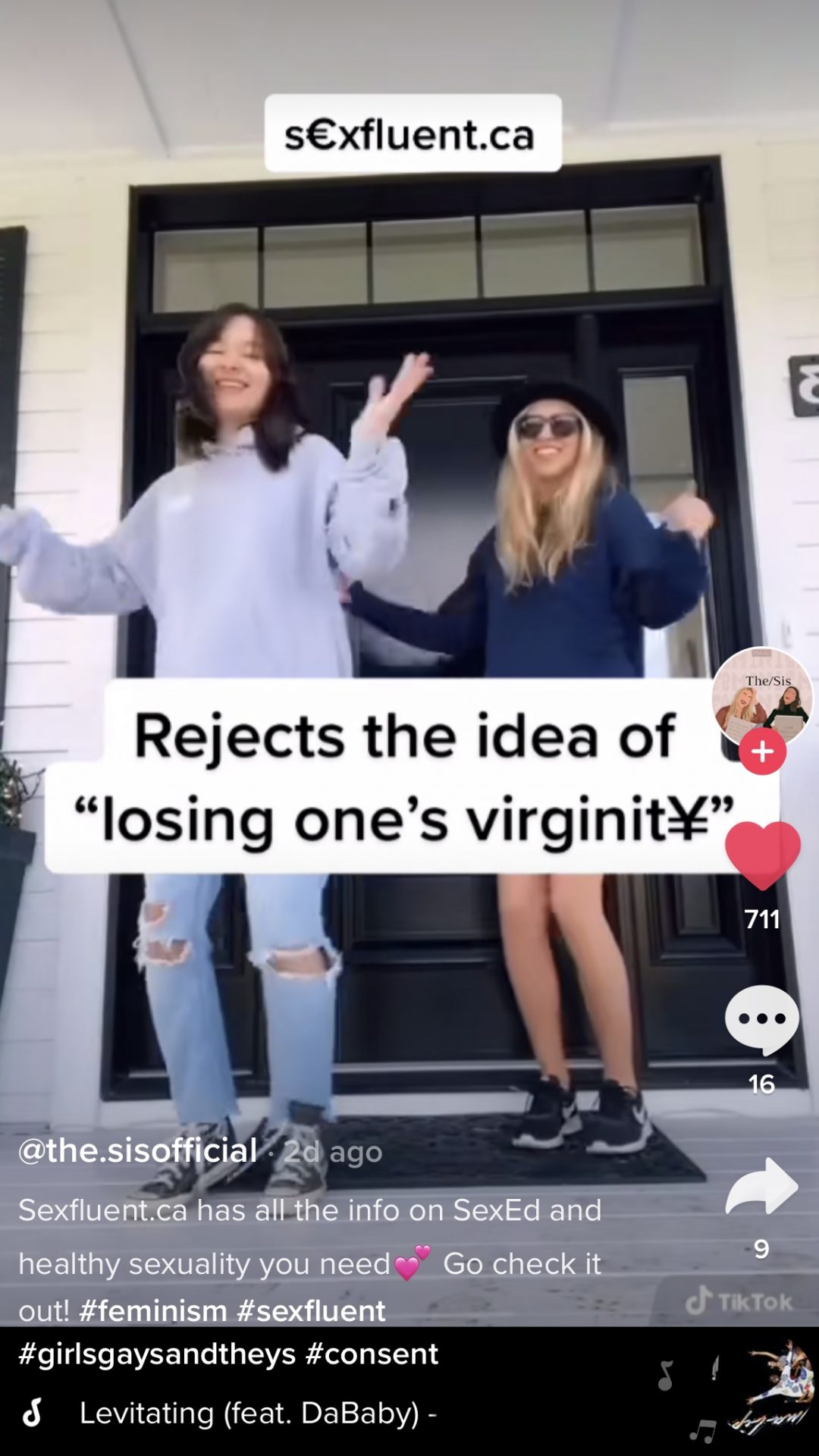 Screenshot image of two female TikTok influencers (a duo) dancing on a doorstep with the caption, 